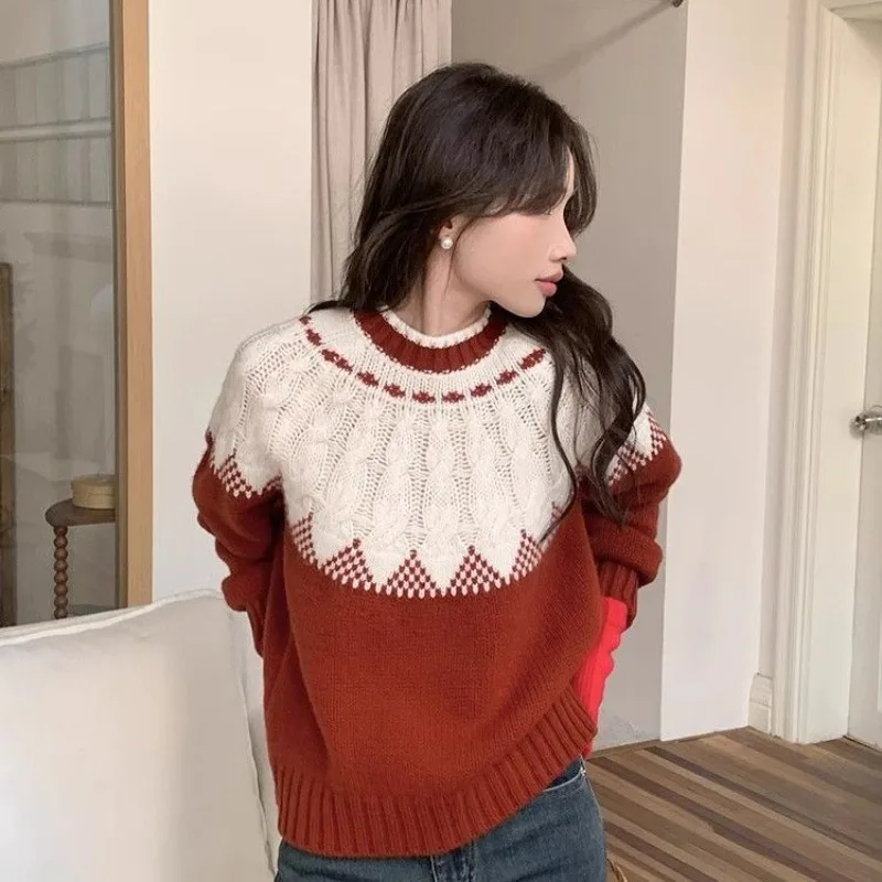 New Year Popular Contrast Red Twisted Pullovers Female Merry Christmas High-grade Sense Beautiful Sweater Women's Clothing Top