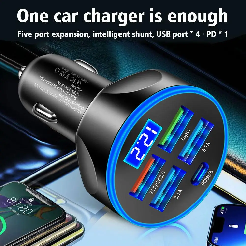 250W 5 in 1 USB Car Charger Type C PD 12V Cigar Jack Fast Charging Adapter for iPhone 12 Pro Max 14 Plus 13 Oneplus G8T5