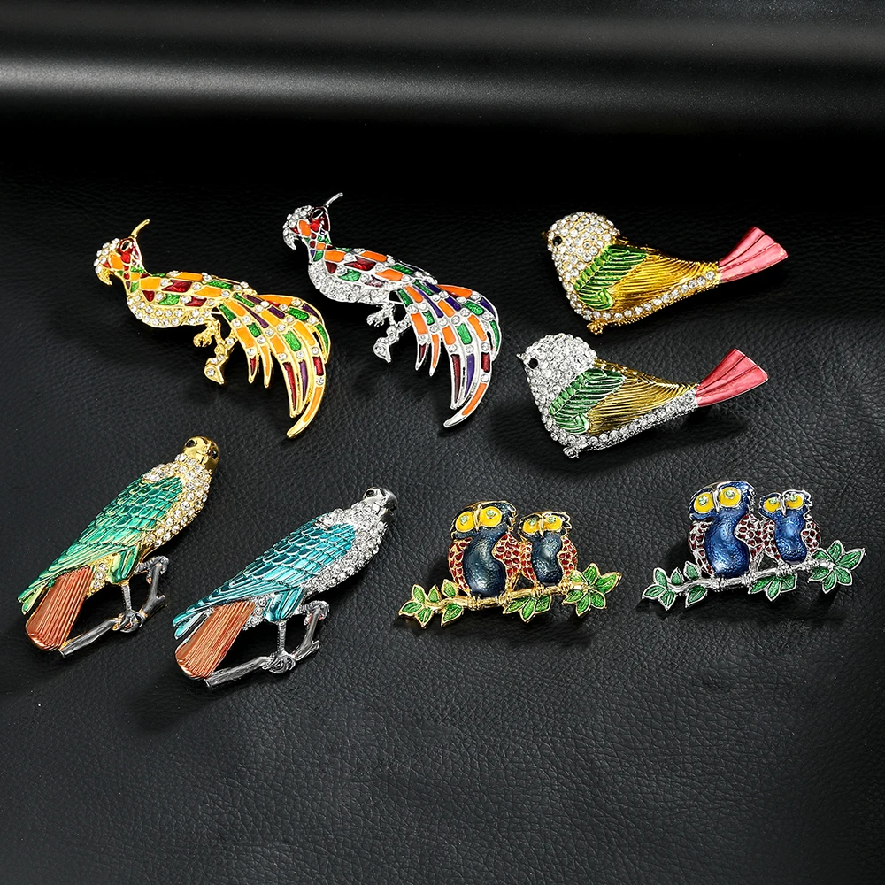 Funny Luxury Bird Crystal Lapel Pins Colorful Enamel Magpies Owls Thrushes Peacocks Shaped Brooches For Women Jewelry