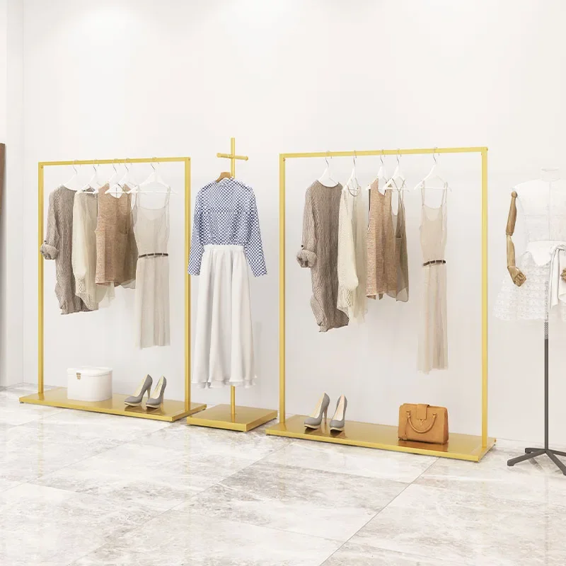 

Clothing store display rack, golden display rack, simple floor-to-ceiling hanger, women's clothing store shelf