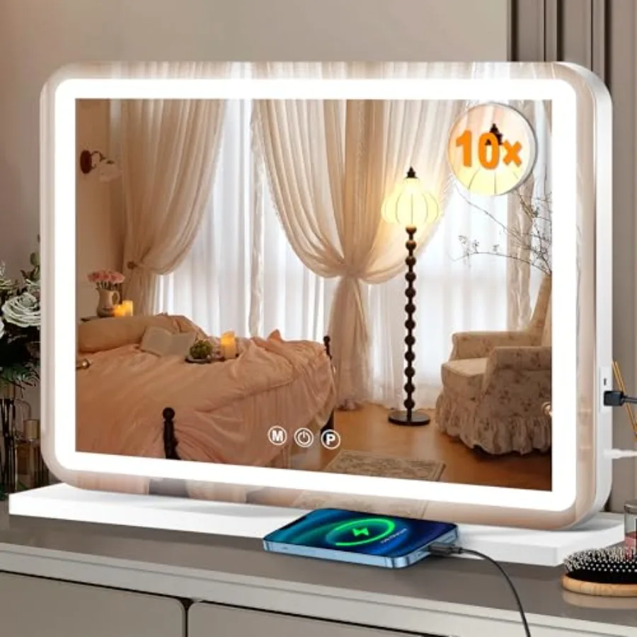 

23" x 18" Vanity Mirror with Lights Led Lighted Makeup Mirror with 3 Color Dimmable Lights Touch Control USB Charging Port Gift