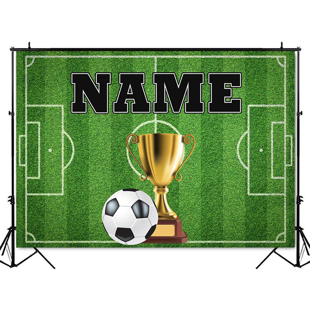 Football Backdrop Customize Name Golden Trophy Photo Booth Background Boy Birthday Soccer Field Sports Poster Baby Shower Banner