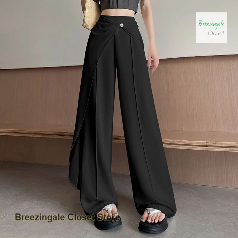 

Korean style ice silk chiffon stitching suit wide-leg pants women's summer new fashion high waist drape casual straight pants.
