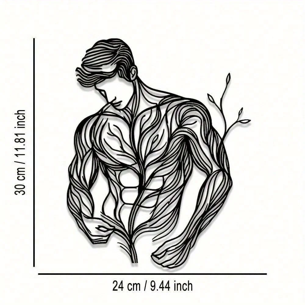 1PC Black Floral Muscle Man Metal Wall Sculpture|Line Art,Waterproof,Rustproof,Halloween&Christmas Gift,Bedroom/ Room Decor