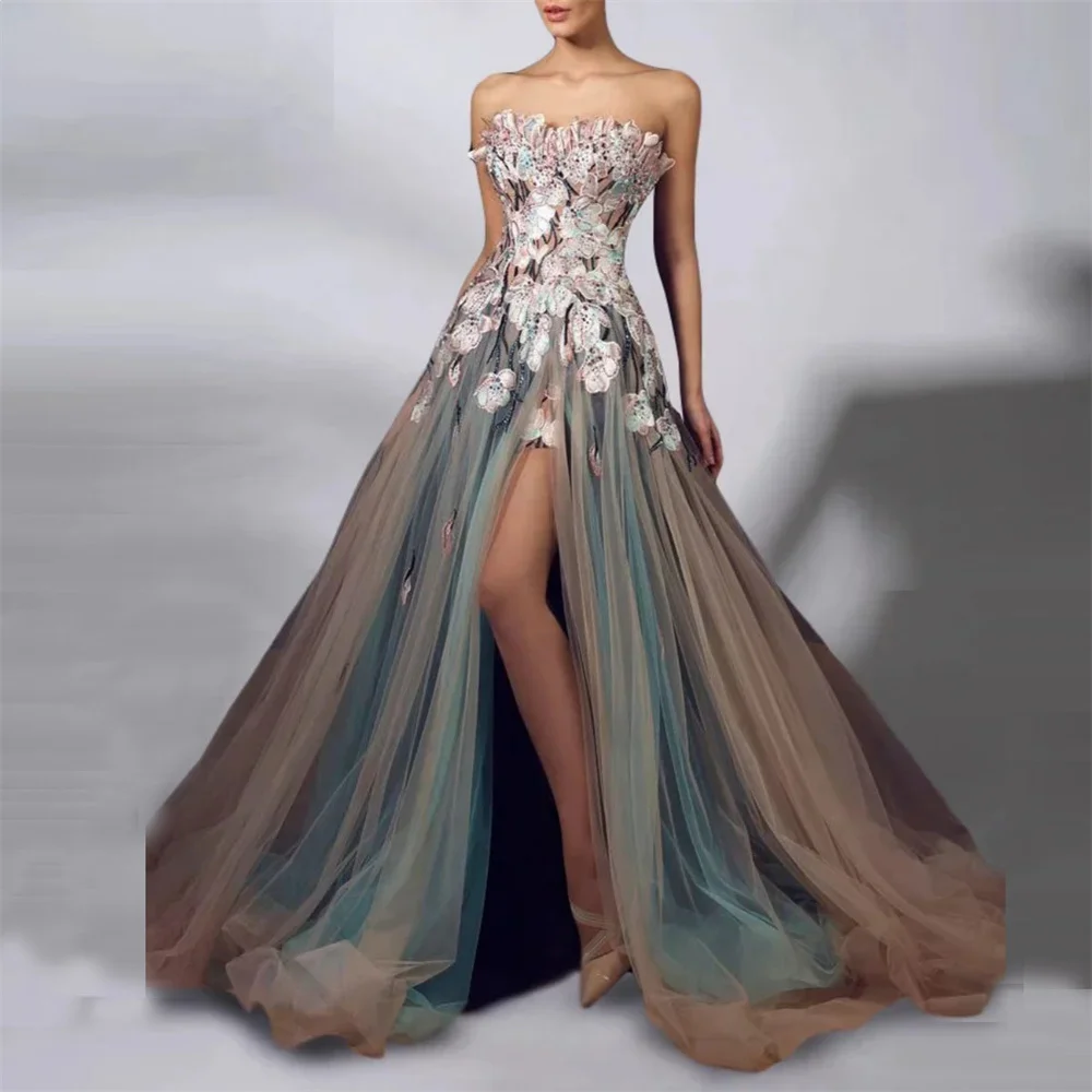 Customized Prom Gown Formal Saudi Arabia Asymmetrical Ball Floor Length Sequin Open Back Skirts Draped Tulle Applique Bespoke Oc