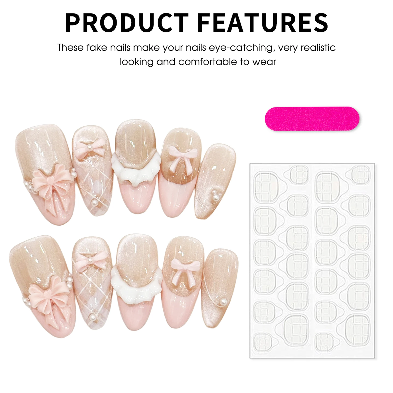 Bridal Press On Nails Cat Eye Pink Bow French Ballet Style Handmade False Fingernails for Wedding Party Elegant Manicure