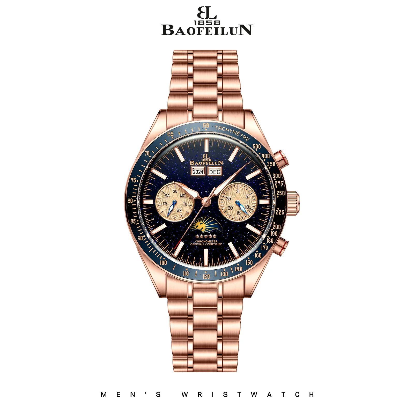 BAOFEILUN Men's Automatic Mechanical Watch Sapphire Crystal 50M Water Resistant Multi Function Blue Dial Business Wristwatch