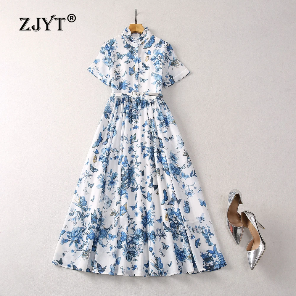 

ZJYT Runway Summer Print Midi Dresses for Women 2024 Fashion Ruffled Collar Print Aline Holiday Dress Short Sleeve Casual Robes