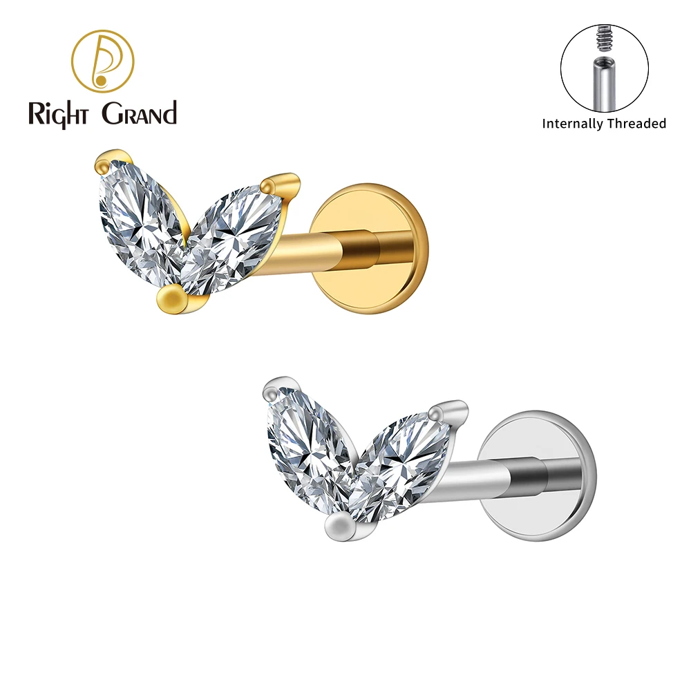 Right Grand ASTM F136 Titanium Tiny Double Marquise CZ Labret Stud Earring 16G Heart CZ Cartilage Helix Tragus Conch Piercing