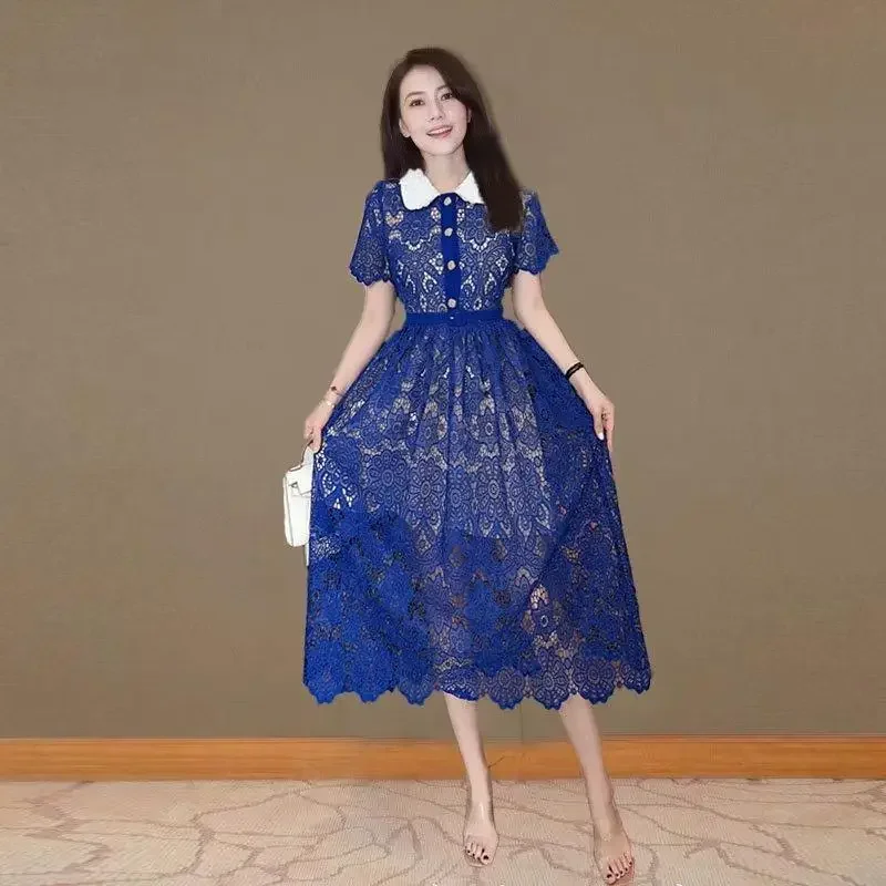 

Gao Yuanyuan Same Star Dress Summer Short Sleeve Water Soluble Flower Embroidery Button Waist Dress Women
