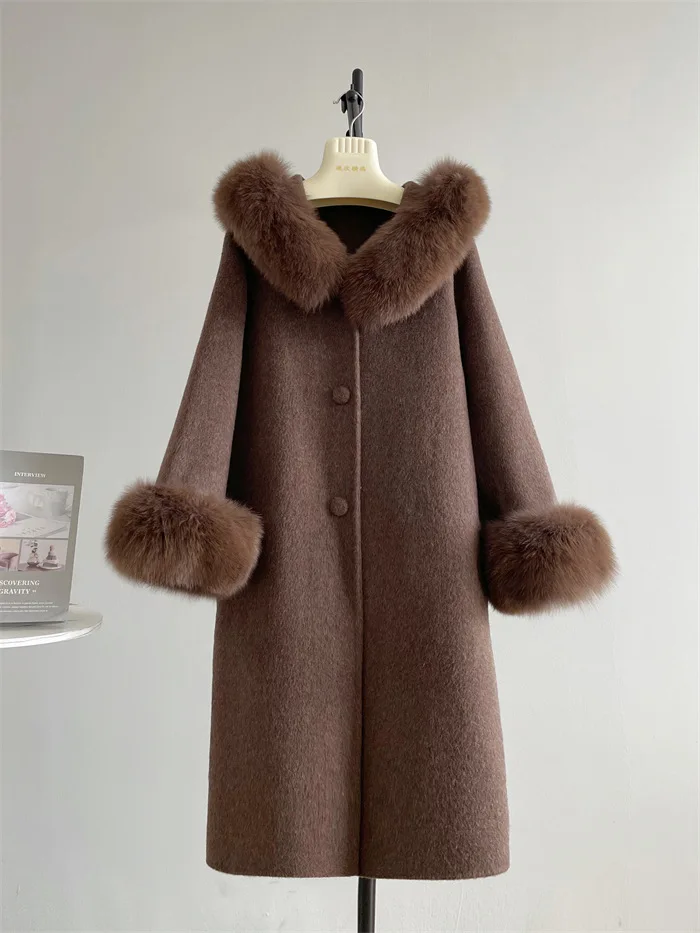 Women's Autumn Winter Elegant Fox Fur Collar Cuffs Loos Long Wool Coat Lady Streetwear Single Breasted Loose Wool Outwear Top