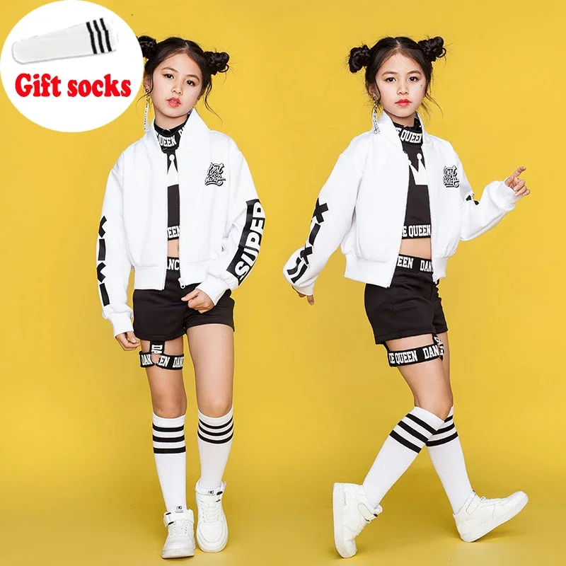 Kids Street Dance Clothing White Jacket Black Vest Shorts Girls Dancewear Stage Outfit Children Hip Hop Dance Costumes