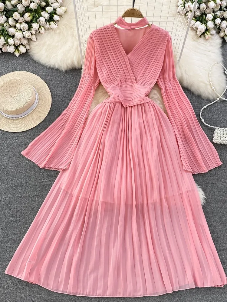 Autumn Flare Sleeve V-neck Midi Dresses for Women Solid Pleated A-line Elegant Party Dress Korean Fashion One Piece Vestidos New