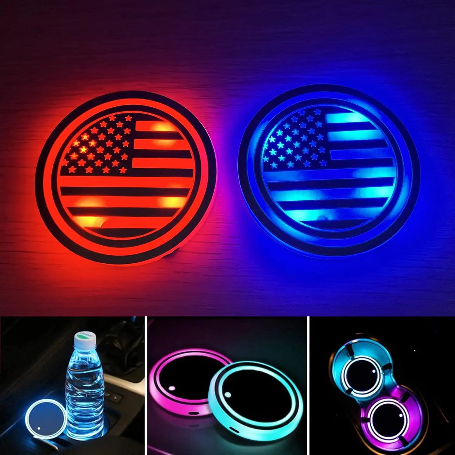 

2 шт. Автомобильный подстаканник, светодиодные фонари с 7 цветами, USB-зарядный коврик, подставка для чашки, вставка, светодиодные лампы для внутренней атмосферы (американские)