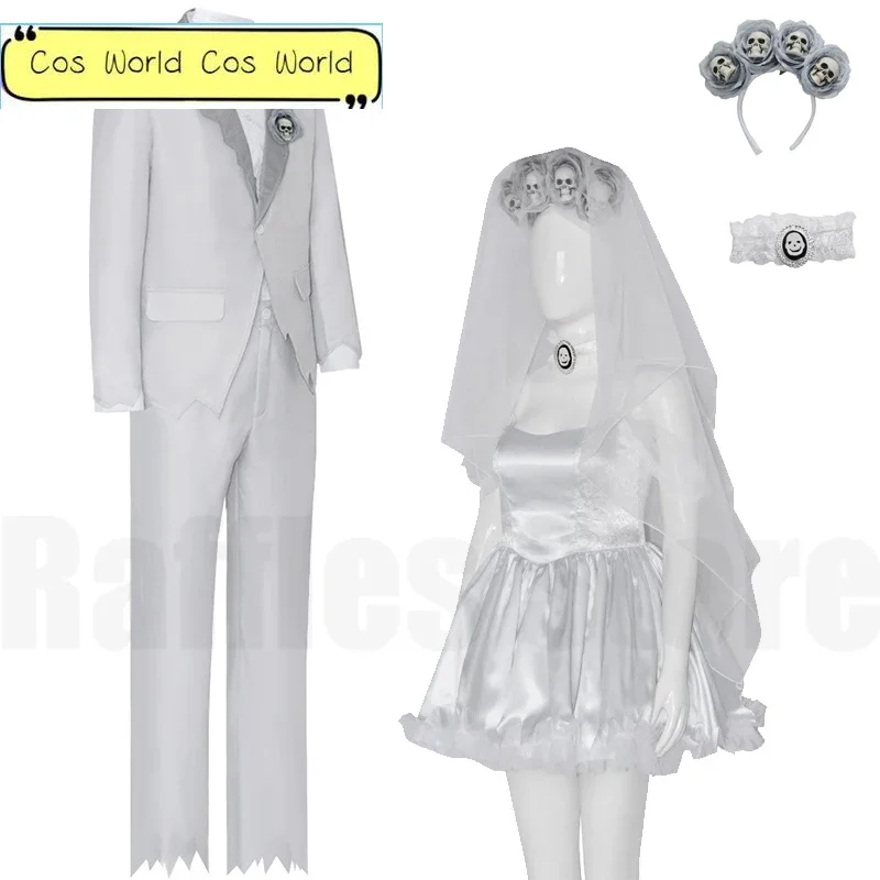 2023 New Zombie Bride Emily Cosplay Skirt Costume Victor White Suit Corpse Halloween Couple Role Playing Wedding Veil Cos Sets