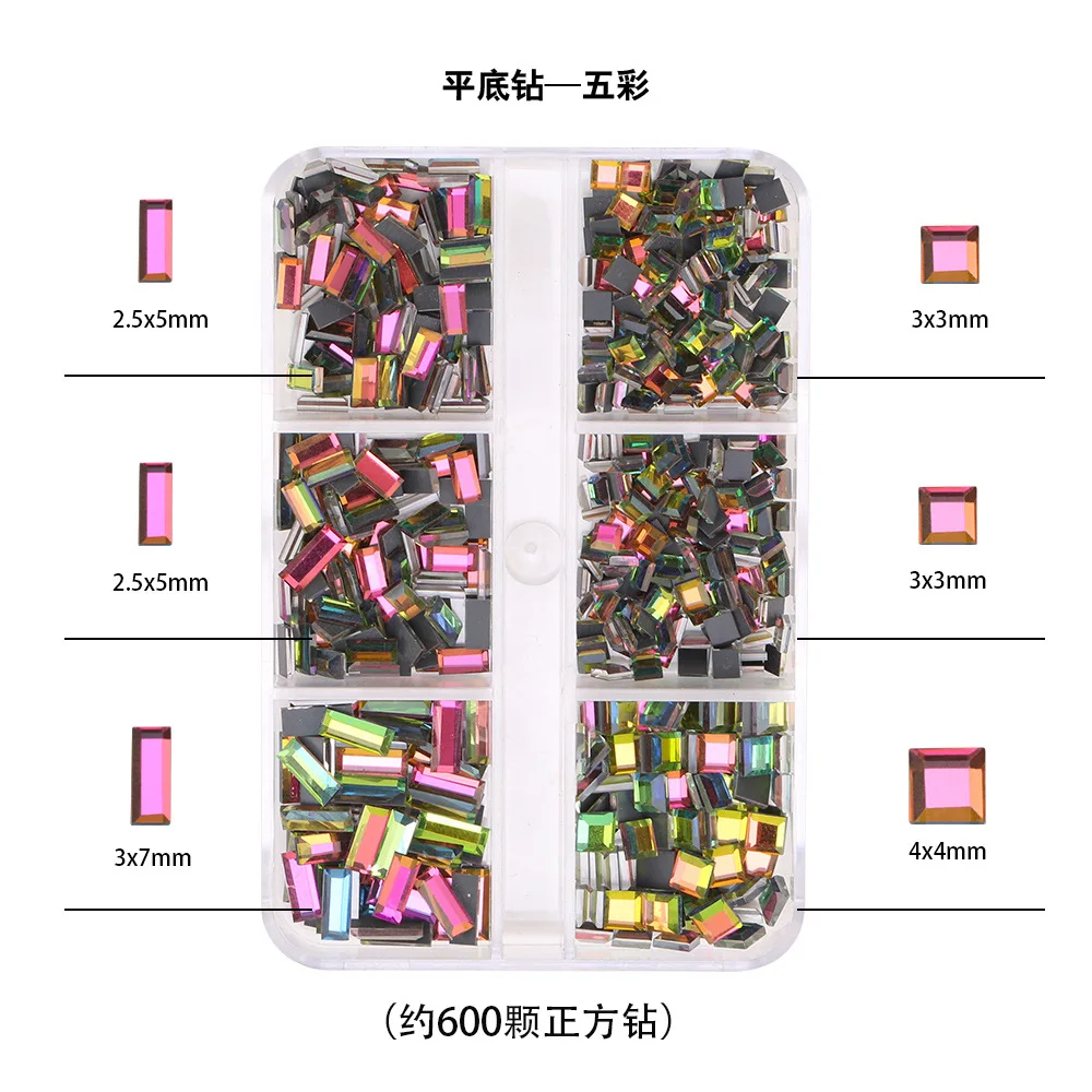 600/1000/1728PCS Glitter Flatback Round Diamonds Mirror Square Rectangle Jewelry Acrylic Nail Art Rhinestones Manicure Charms