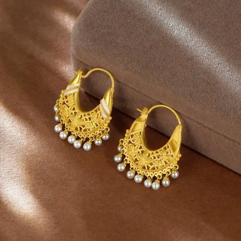 

Byzantine Era 18k Gold Filled Ear Buckle Tiny Pearl Red Agate Beaded Drop Dangle Earring Vintage Lune Women Jewelry Dropshipping