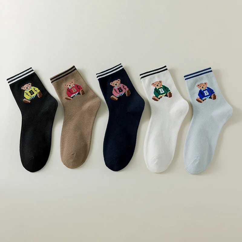 5 Pairs Cartoon Elegant Lady Bear Women\'s  Cute Socks Cotton Harajuku Style Woman Novelty Breathable Sox Christmas Gifts