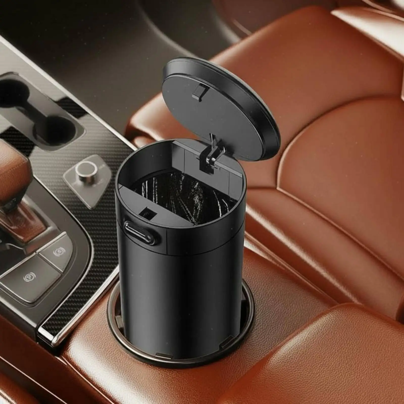 Small Car Trash Bin ABS Plastic Garbage Container with Lid for Cup Holder Press Open Easy Release Mini Waste Basket for Auto