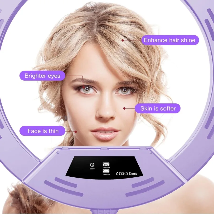 ไฟวงแหวน 22 นิ้ว พร้อมขาตั้งปรับระดับได้ และขาตั้งกล้อง 75 ซม. สำหรับ iPhone iPad พร้อมจอ LCD คลิปหนีบโทรศัพท์/แท็บเล็ต 4 ตัว พอร์ต USB 2 ช่อง 2600K65