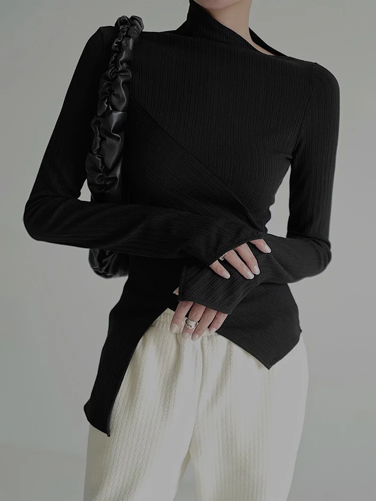 [EAM] Black Irregular High Elastic Knitting Sweater Turtleneck Long Sleeve Women Pullovers New Fashion Spring Autumn 2024 1DF490