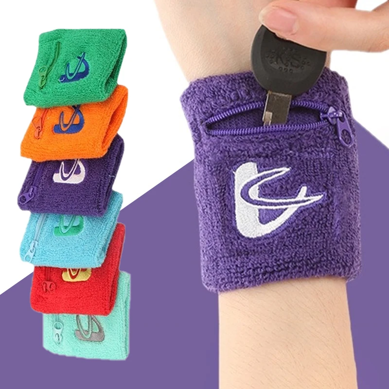 1 Pair Sports Fitness Zipper Pocket Organizer Wristbands Cotton Sweat Absorbent Sports Small Pocket Fitness Wristbands