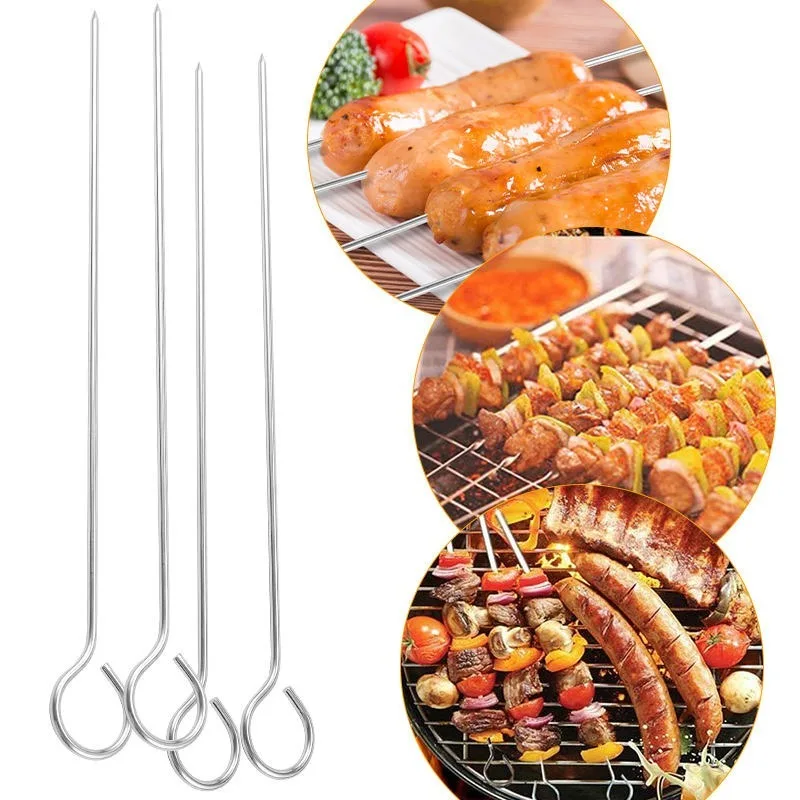 Brochetas para asar, tubo de almacenamiento, brocheta de barbacoa de acero inoxidable, palitos de aguja para barbacoa, tenedores planos de Metal para cocina, utensilios para acampar