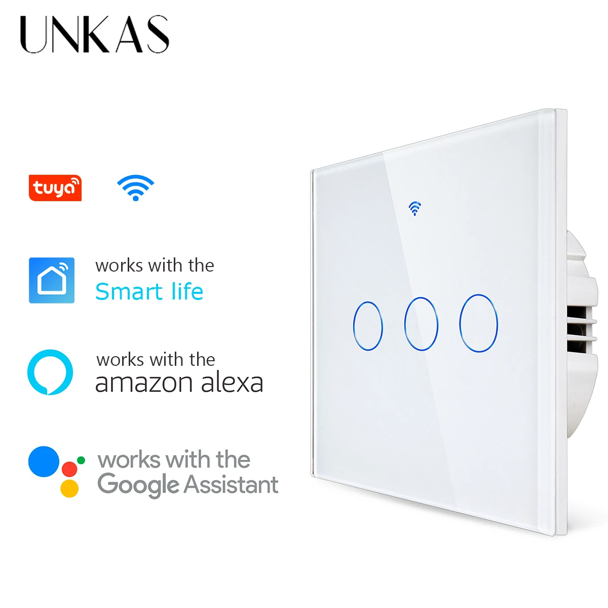 

UNKAS Smart Home Switches 1/2/3/4 Gang White Wall Sensor Wifi Touch Light Switch Tuya Control Smart Life Google Alexa