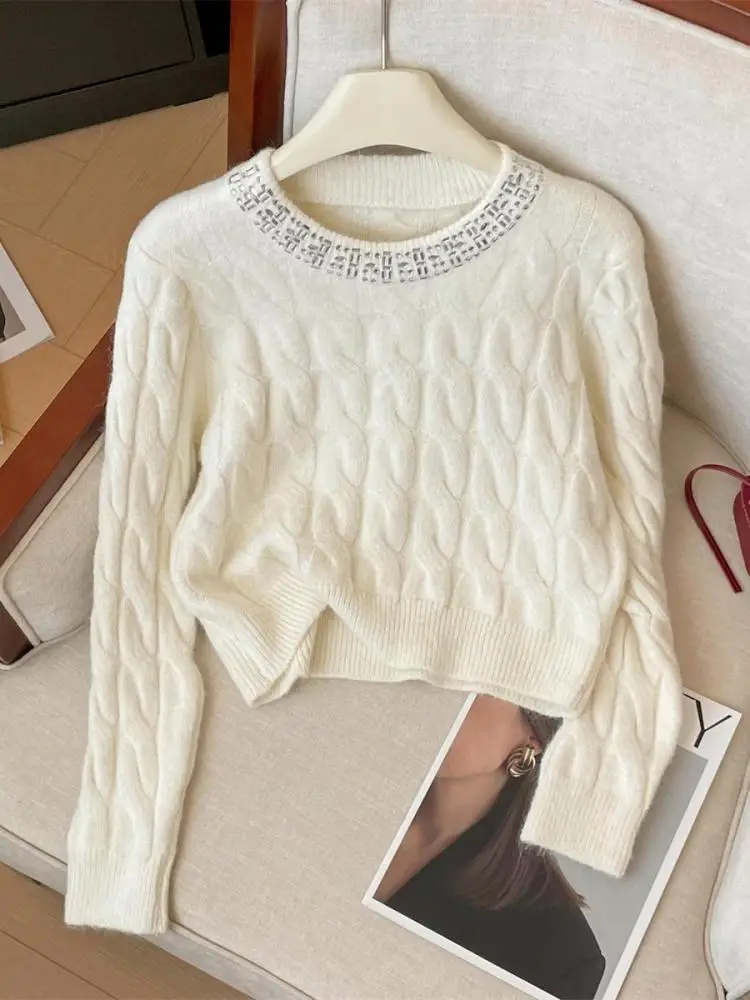 Autumn Winter Women Clothing Beige Pink Diamond Round Neck Short Pullover Sweater New Fashion Grey Long Sleeve Knitwear Top Chic