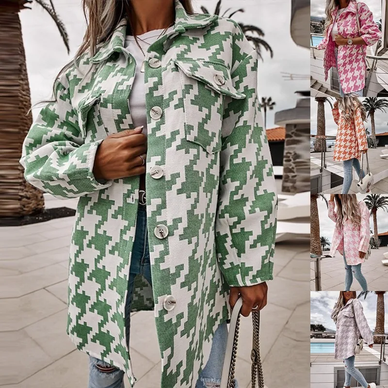 

Retro Green Women Houndstooth Coat Mid-length Wool Coat with Lapel Checkered Pattern Large Pockets Single-breasted Cardigan