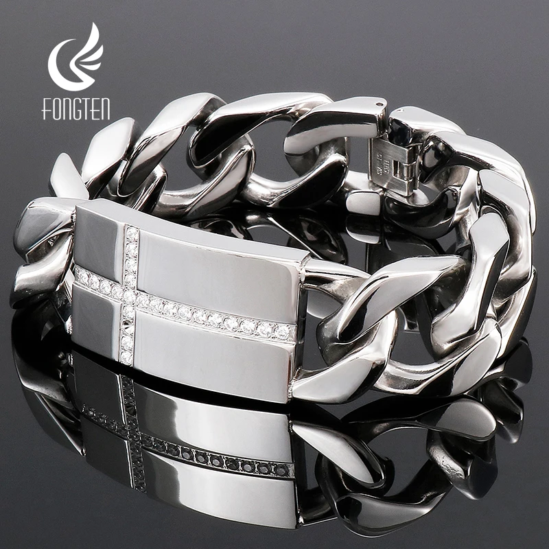 Fongten 21cm Cuban Chain Bracelets For Men Stainless Steel Zircon Cross Number 8 Charm Men Bracelet Bangle Silver Color Jewelry