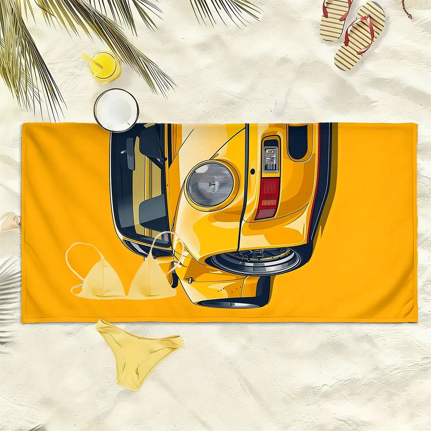 Yellow retro sports car pattern polyester microfiber beach towel is highly absorbent, suitable for swimming and beach outings view 3