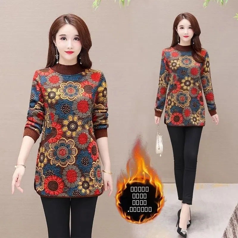 Camiseta de Manga Longa Thiened Fce para Mulheres de Meia-Idade e Idosas, Casual de Outono e Inverno, Estampa Elegante, Gola Alta, Top de Algodão