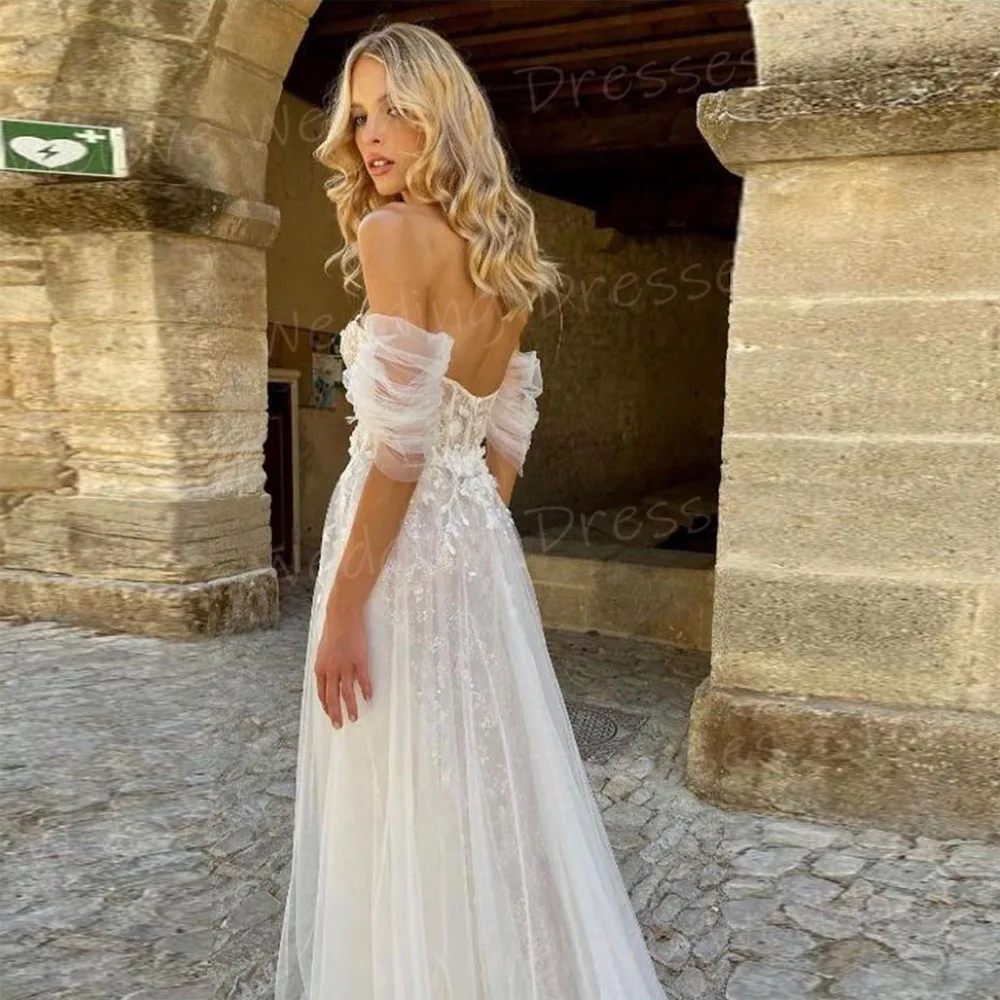 Vestido De Novia De corte en A para mujer, traje Sexy con hombros descubiertos, Apliques De encaje, sin mangas