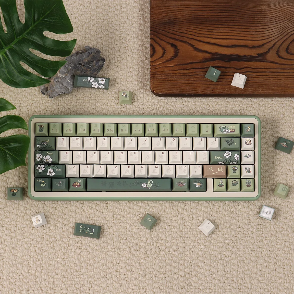 

Retro Green Wangjiangnan Keycap 152 Key Pbt Thermal Sublimation Cherry Pbt Chinese Style Flower Ansi Iso Alice Layout Keycap