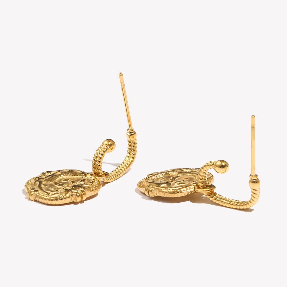 E.B.belle Waterproof Embossment Square Fire Sun Charm Pendant Drop Hoop Earrings Vintage Small Golden Hook Earrings For Women