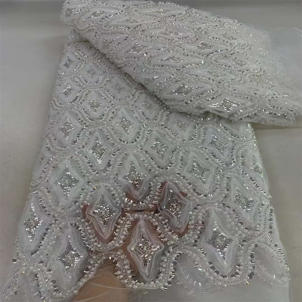 

2024 Africa Lace Fabric 5 Yards High Quality 2024 New French Lace Beaded Lace Fabric Luxury Nigerian Sequins Beads Bride Dress