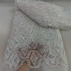 2024 Africa Lace Fabric 5 Yards High Quality 2024 New French Lace Beaded Lace Fabric Luxury Nigerian Sequins Beads Bride Dress