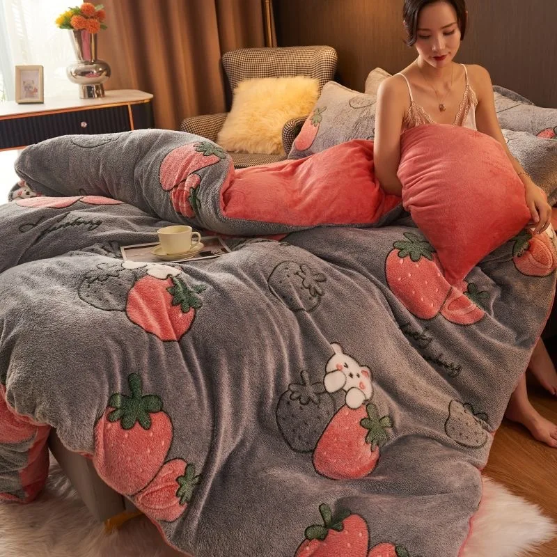 AB Double-sided Velvet Quilt Cover Winter Warm Cartoon Printed Bedsheet Pillowcase Duvet Cover Set Single Double Queen King Size