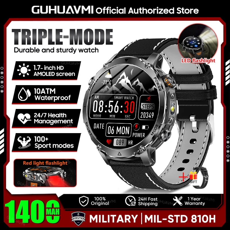 2026 Neue TANK Ultra 1400mAh Batterie Militär-Smartwatch 10ATM Wasserdicht Herzfrequenz Taktische LED-Taschenlampe Herren Sportarmband