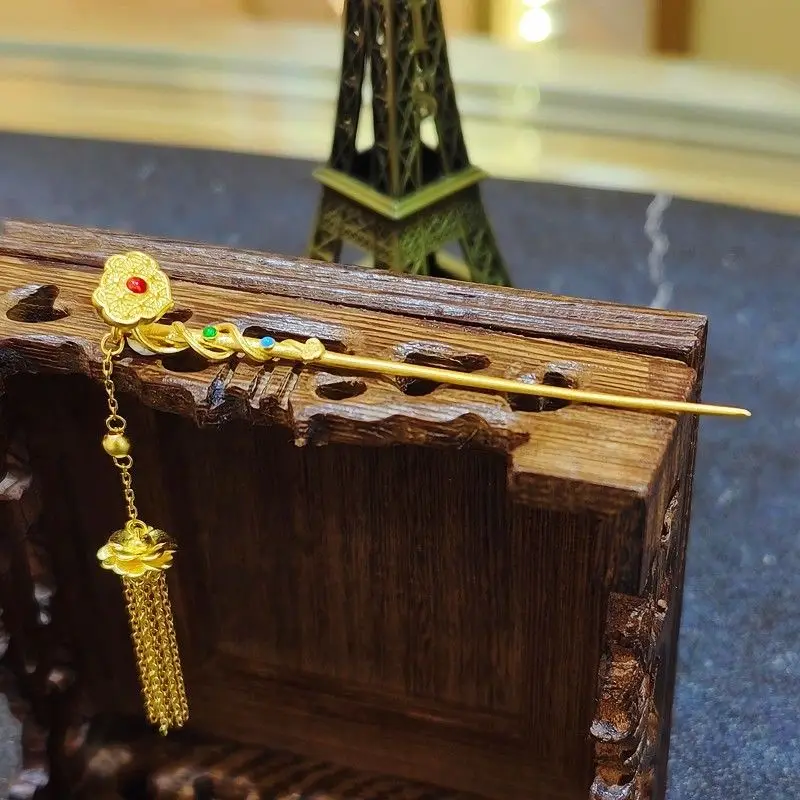 Traditional Chinese Style Auspicious Ruyi Golden Hairpin Tassel Step Shake Good Luck Blessing Hanfu Accessory Wedding Gift Vinta