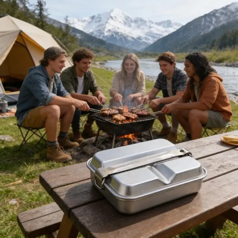 

Retro Long Handle Camping Lunch Box For Outdoor Travel Cooking And Picnics Aluminum Construction Container K1YF