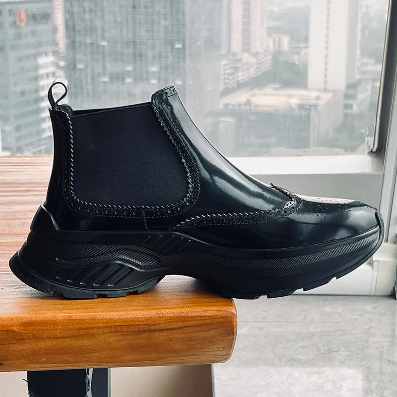 JINIWU 2026 Autumn Winter Men Sports Thick Sole Chelsea Boots Genuine Leather Height Increasing Trendy Short Boots