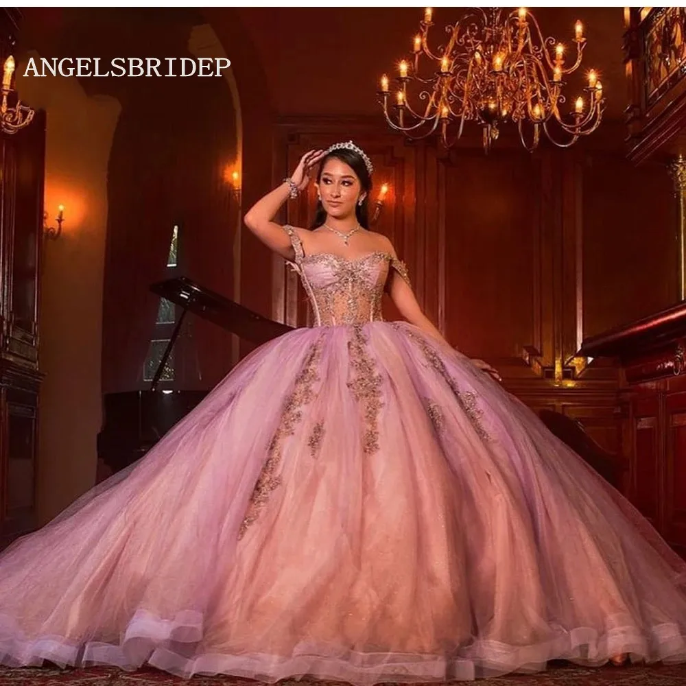 ANGELSBRIDEP-vestido De quinceañera para niña, vestido rosa encantador con cordones, para fiesta De cumpleaños, 15 Años, apliques con cuentas