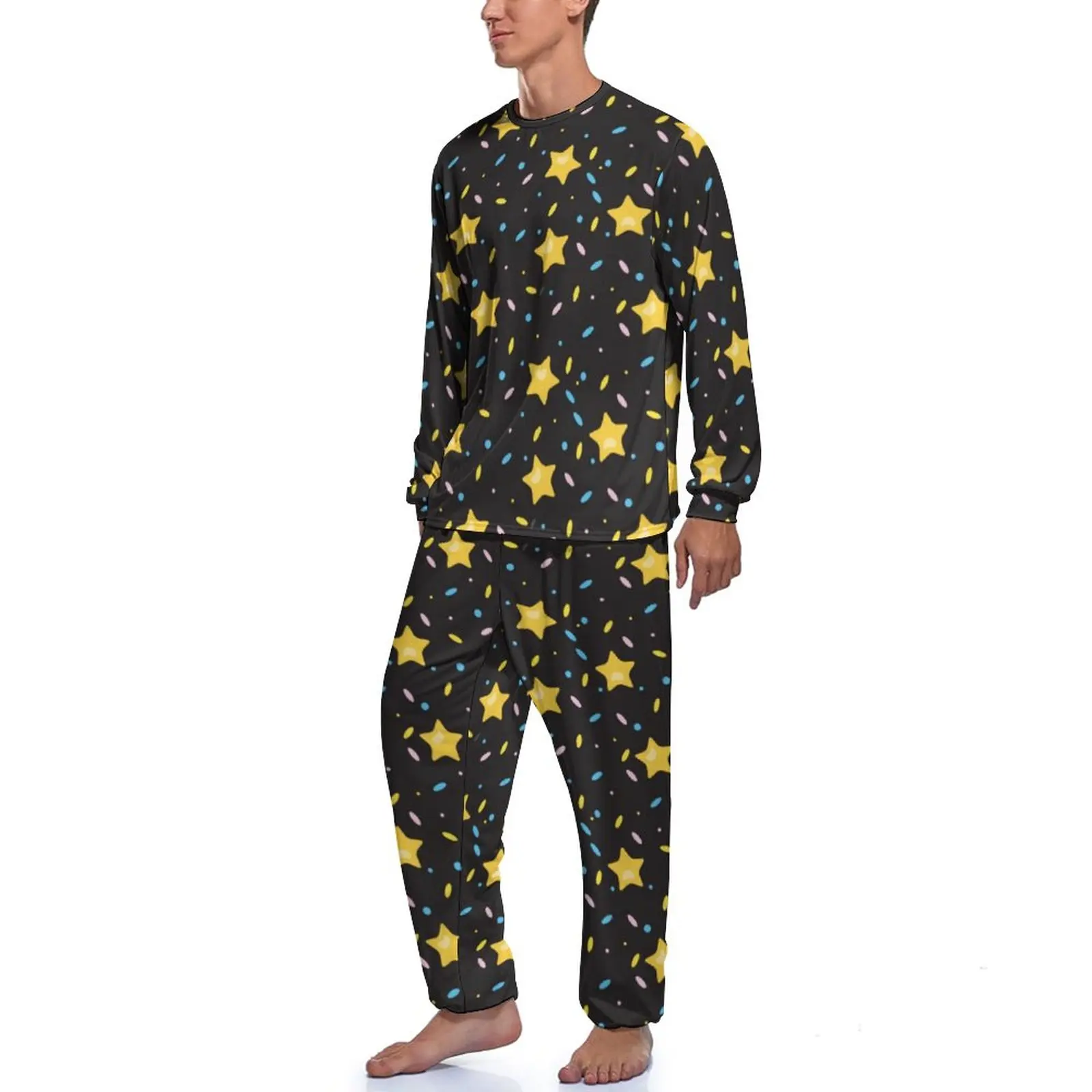 Gold Stars Print Pajamas Long-Sleeve Cute Star 2 Pieces Room Pajamas Set Autumn Man Custom Fashion Home Suit