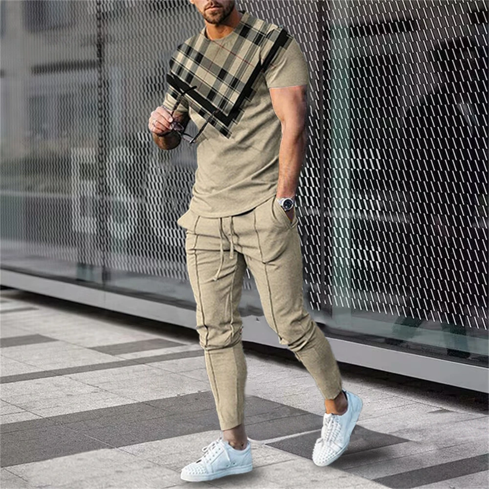 2024 Fashion Men Tshirt Suit Tracksuit 3D Printed Sportswear Short Sleeve T-shirt Long Pants Streetwear 2 Piece Set Male Clothes