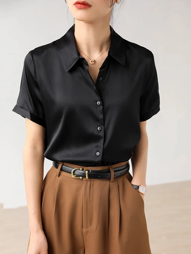 SuyaDream, Woman Solid Shirts, 95%Silk 5%Spandex, Short Sleeved, White Chic Blouses, 2025 Spring Summer Top, Navy, Black