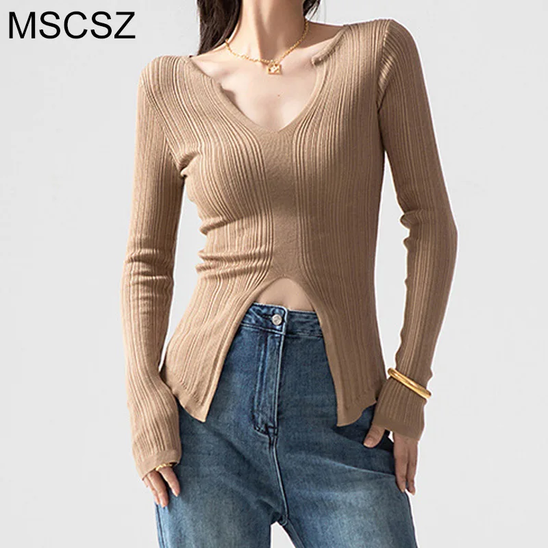 MSCSZ V-Neck Long Sleeve Sweaters For Women Slim Fit Ribbed Knitted Pullover Sweater Women Korean Style Knitwear