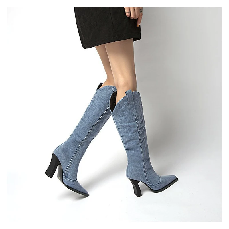 2025 stand-alone European and American thick-heeled western cowboy boots pointed but knee boots  size knight boots