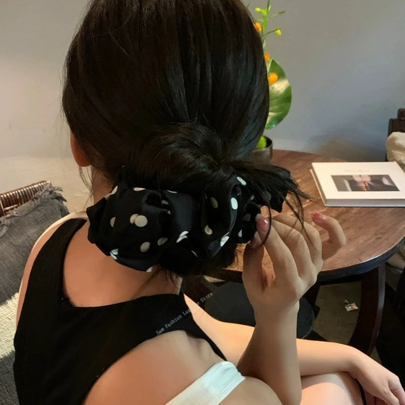 Korea Fashion Dot Satin Scrunchies for Women White Big Hair Bands Elastic Silk Hair Tie Girls Black Ponytail Holder Hair Rope